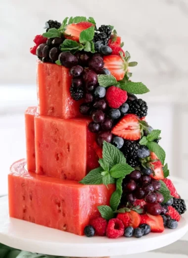 Refreshing Watermelon Cake topped with fruits and cream in a vibrant summer setting