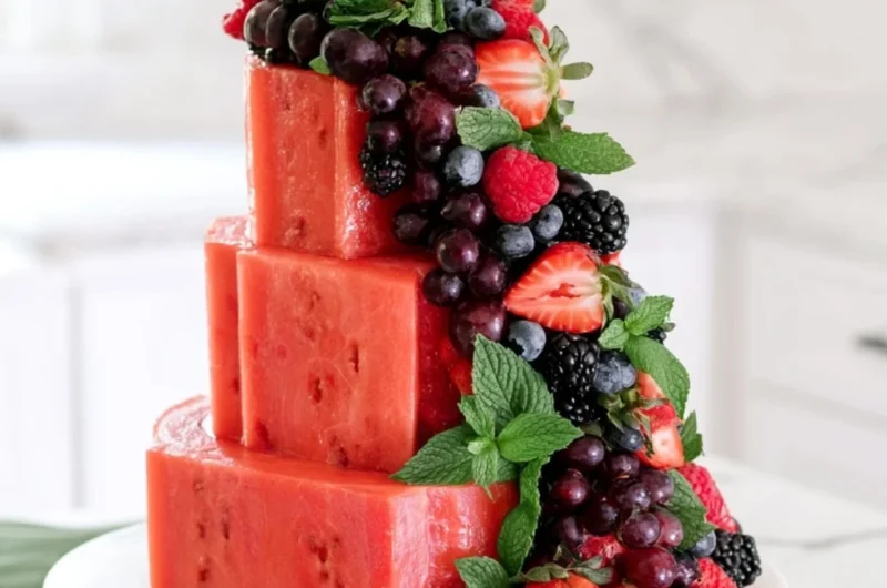 Refreshing Watermelon Cake topped with fruits and cream in a vibrant summer setting