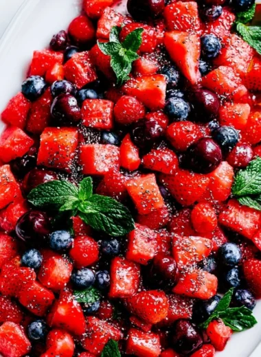 Colorful watermelon salad with mint and feta served in a bowl