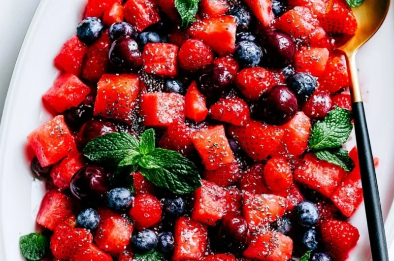 Colorful watermelon salad with mint and feta served in a bowl