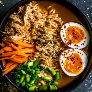 A bowl of 20 minute chicken ramen topped with green onions and herbs.