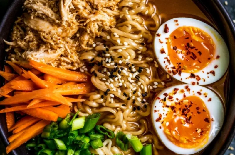 A bowl of 20 minute chicken ramen topped with green onions and herbs.