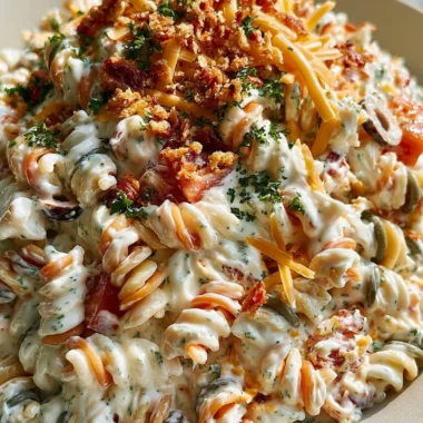 Delicious bacon ranch pasta salad with fresh ingredients
