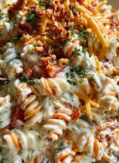 Delicious bacon ranch pasta salad with fresh ingredients