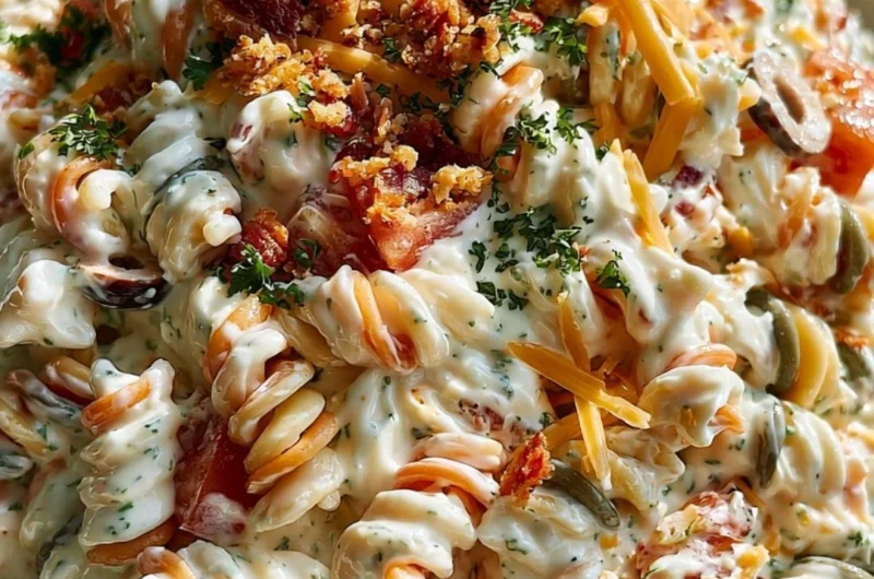 Delicious bacon ranch pasta salad with fresh ingredients