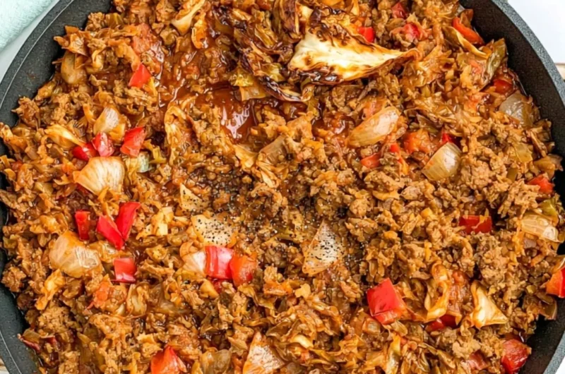 Delicious African cabbage stew with ground beef in a rustic bowl.