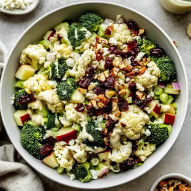 Colorful Apple Broccoli Cauliflower Salad served in a bowl, garnished with dressing