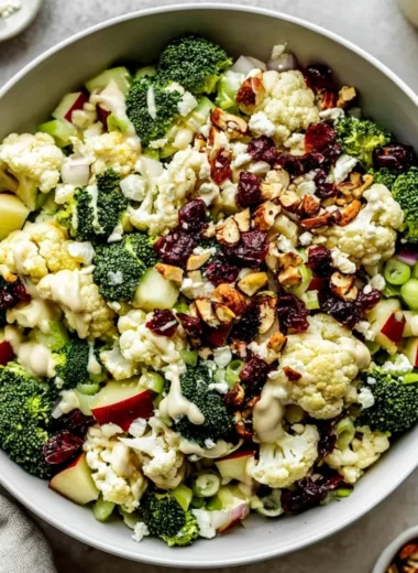 Colorful Apple Broccoli Cauliflower Salad served in a bowl, garnished with dressing