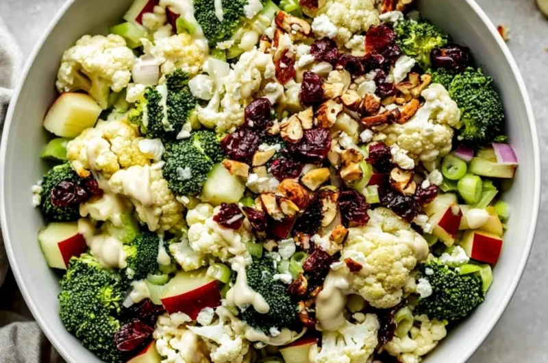 Colorful Apple Broccoli Cauliflower Salad served in a bowl, garnished with dressing