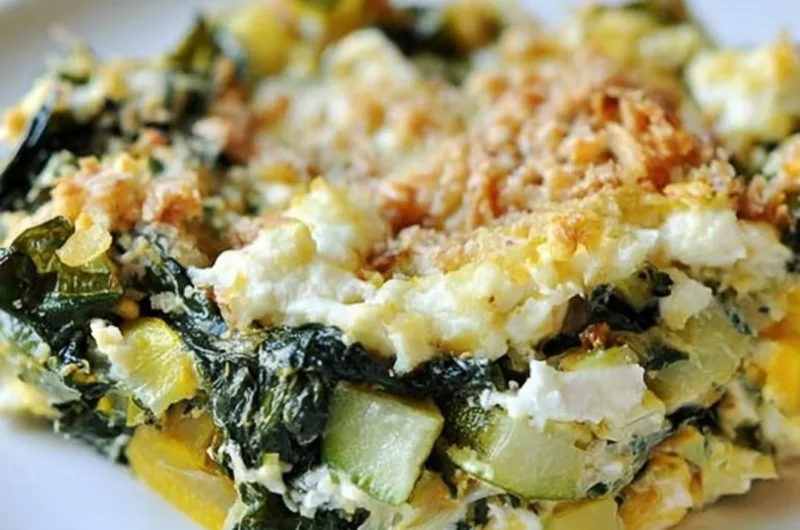 Baked zucchini casserole with spinach and feta, ready to serve.