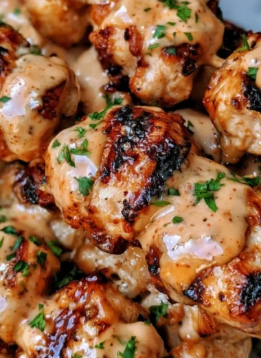 Plate of flavorful Bang Bang Chicken Skewers garnished and ready to serve.