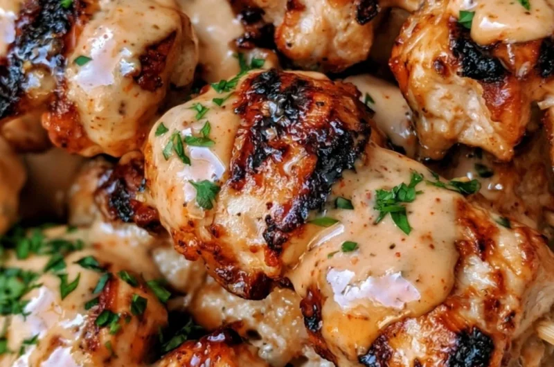 Plate of flavorful Bang Bang Chicken Skewers garnished and ready to serve.