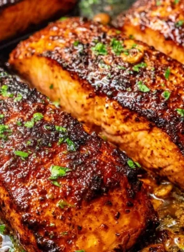 Cajun Honey Butter Salmon topped with a delicious glaze on a plate