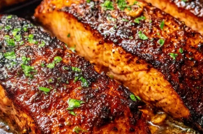 Cajun Honey Butter Salmon topped with a delicious glaze on a plate