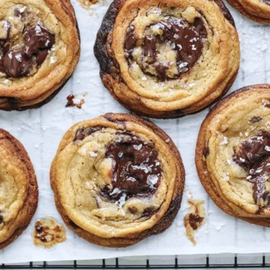 Freshly baked chewy chocolate chip cookies on a cooling rack