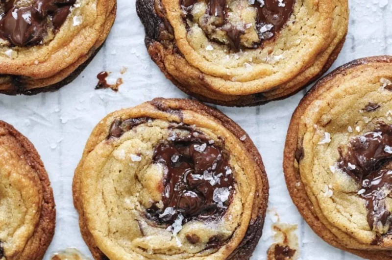 Freshly baked chewy chocolate chip cookies on a cooling rack