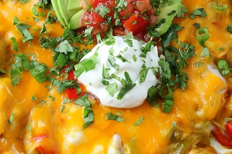 Easy and cheesy Chicken Fajitas Casserole topped with cheese and colorful peppers