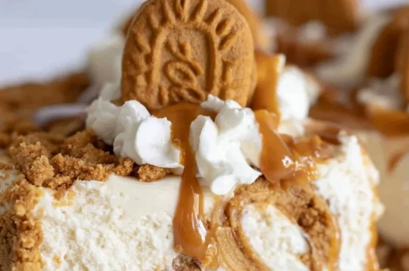 Delicious no-bake Cookie Butter Cheesecake topped with cookie crumbs