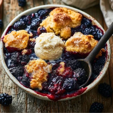 Warm blackberry cobbler served in a rustic dish, perfect for dessert.