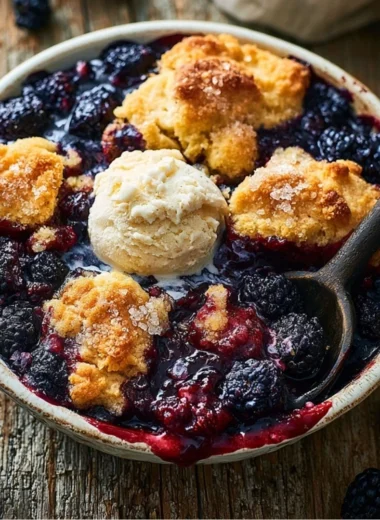 Warm blackberry cobbler served in a rustic dish, perfect for dessert.