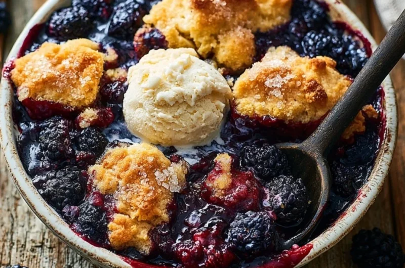 Warm blackberry cobbler served in a rustic dish, perfect for dessert.
