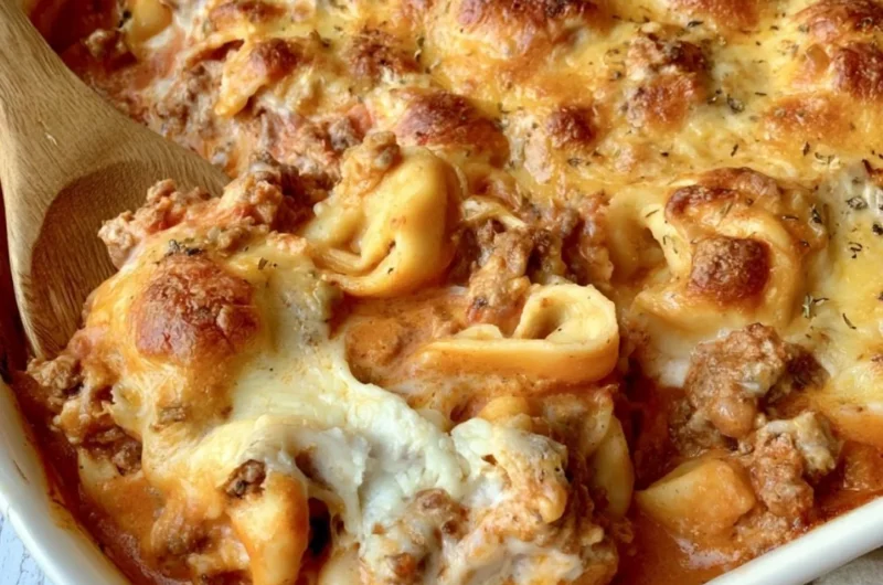 Cozy Cheesy Baked Tortellini Casserole topped with melted cheese and herbs