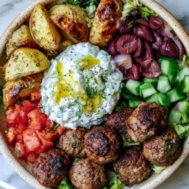 Cozy Greek meatball bowl with fresh ingredients and savory meatballs
