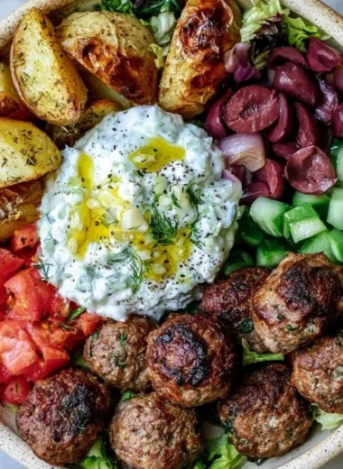 Cozy Greek meatball bowl with fresh ingredients and savory meatballs