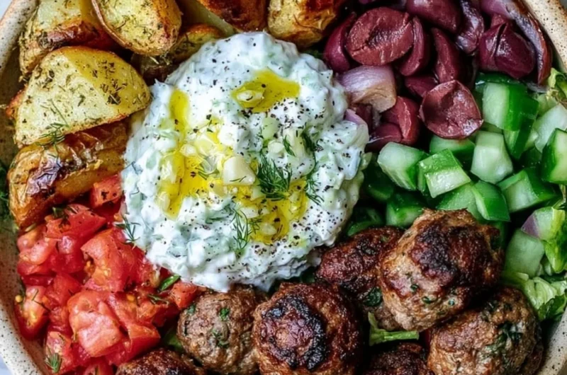 Cozy Greek meatball bowl with fresh ingredients and savory meatballs