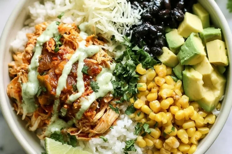 Cozy Mexican-inspired slow cooker chicken bowl with colorful toppings