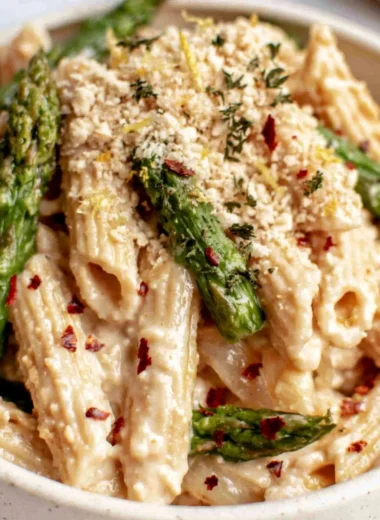 Creamy dairy-free lemon white bean pasta dish served in a bowl