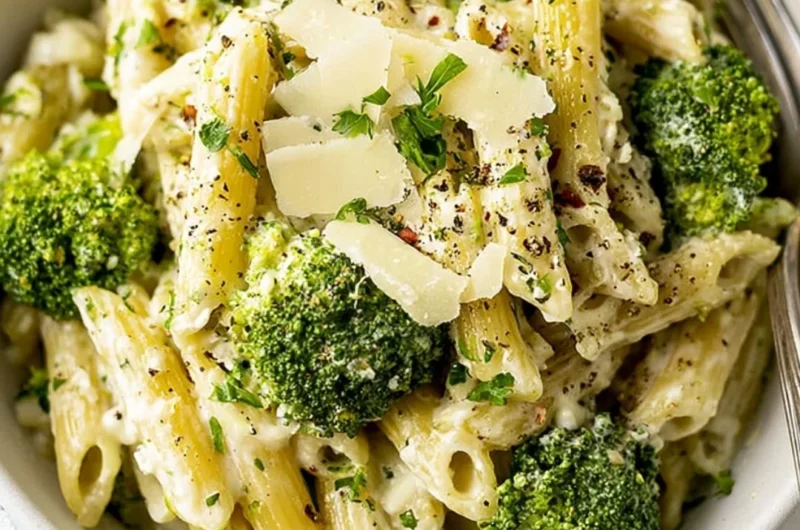 Creamy garlic pasta with broccoli served in a bowl