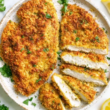 Crispy oven baked chicken cutlets served with a side of vegetables