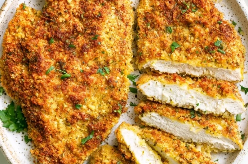 Crispy oven baked chicken cutlets served with a side of vegetables