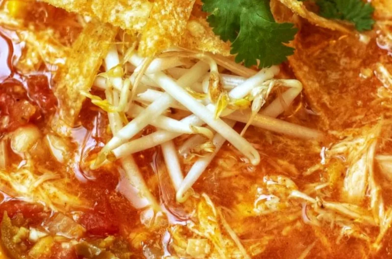 Crock Pot Chicken Tortilla Soup garnished with tortilla strips and cilantro