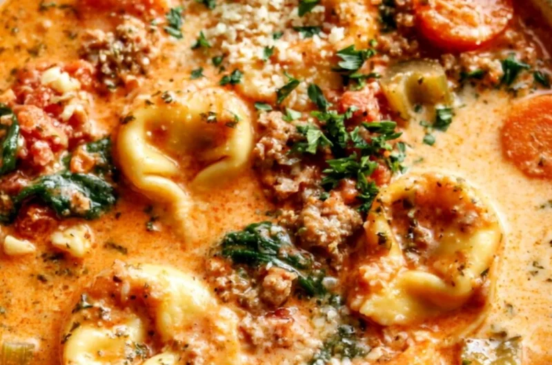 Delicious bowl of Crockpot Tortellini Soup garnished with herbs and cheese