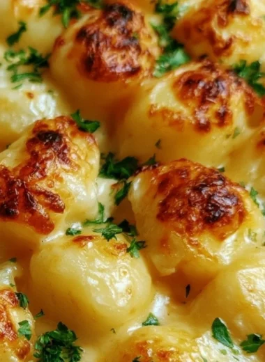 Plate of creamy Delmonico Potatoes topped with cheese and herbs.