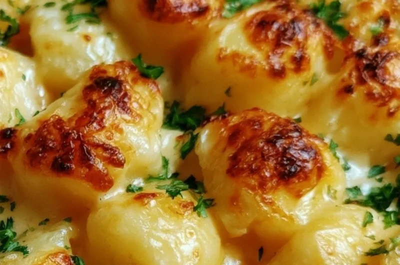 Plate of creamy Delmonico Potatoes topped with cheese and herbs.