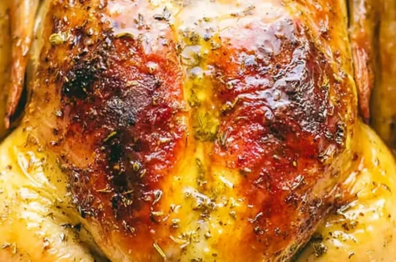 Tender Dutch Oven whole chicken with crispy skin and herbs