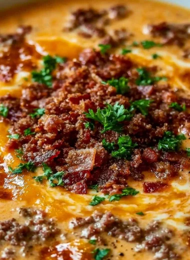 Bowl of easy bacon cheeseburger soup garnished with herbs and cheese