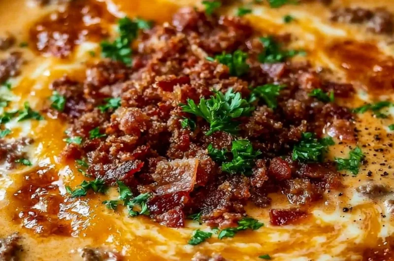 Bowl of easy bacon cheeseburger soup garnished with herbs and cheese