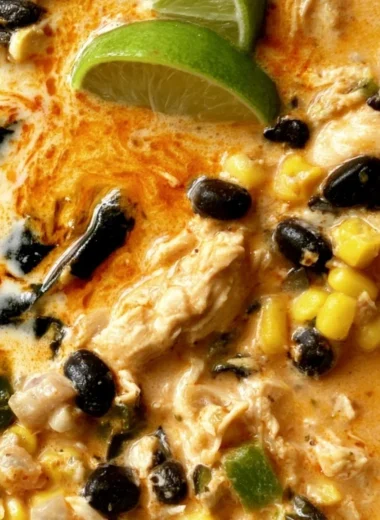 Easy chicken soup with poblano peppers and black beans in a bowl