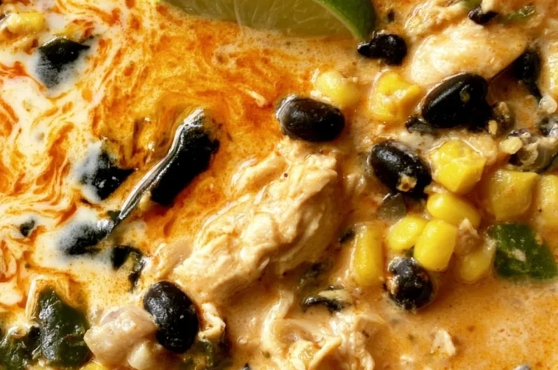 Easy chicken soup with poblano peppers and black beans in a bowl