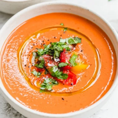 Bowl of easy vegan gazpacho made with fresh vegetables