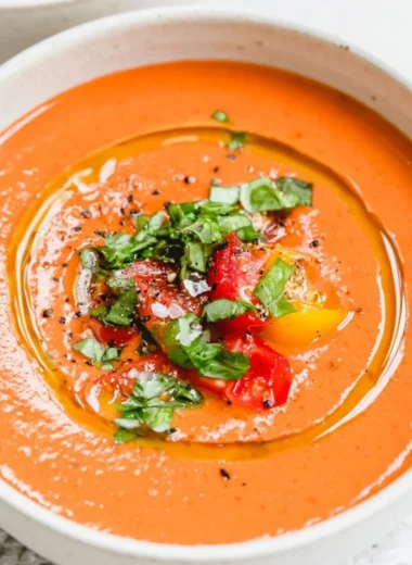 Bowl of easy vegan gazpacho made with fresh vegetables