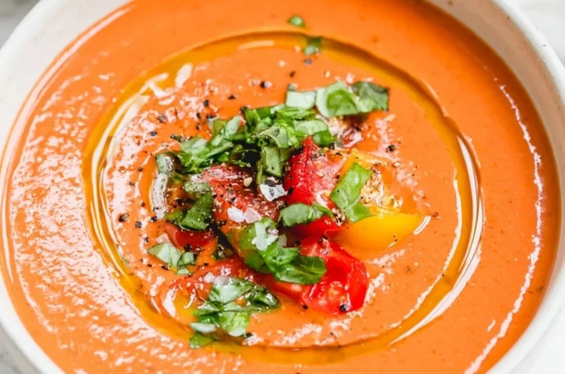 Bowl of easy vegan gazpacho made with fresh vegetables