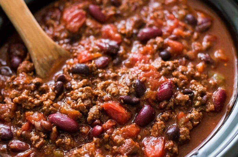 Bowl of easy slow cooker chili garnished with herbs and served with bread.
