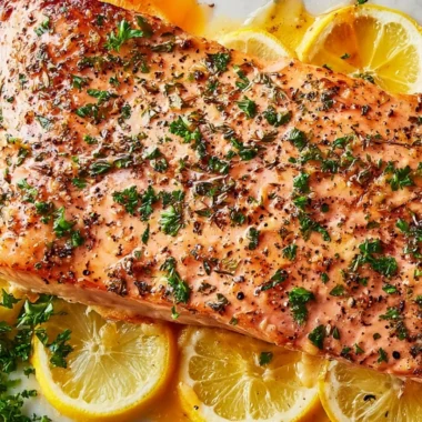Healthy baked salmon in foil on a plate garnished with herbs and lemon.