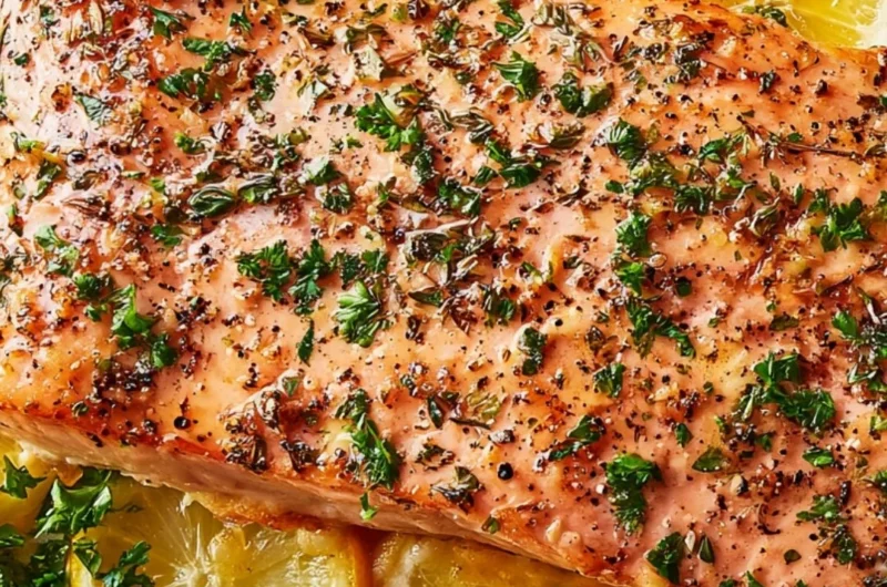 Healthy baked salmon in foil on a plate garnished with herbs and lemon.
