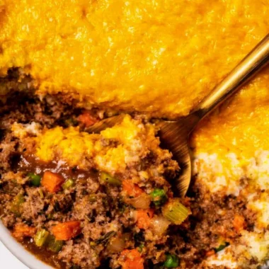 Delicious homemade Shepherd's Pie topped with creamy mashed potatoes